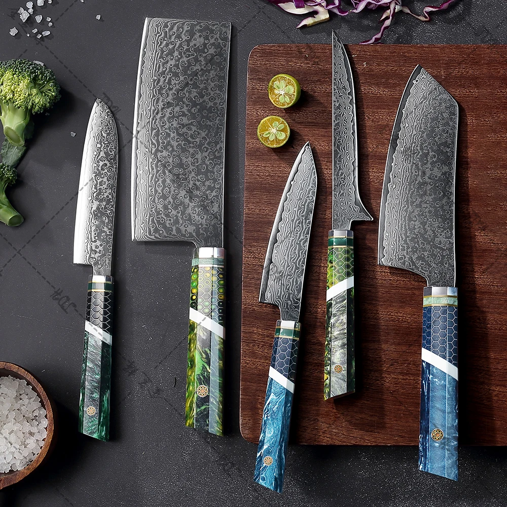 7 inch Cleaver Knife Damascus Kitchen Knife 67 Layers Damascus Steel with Honeycomb Resin Handle Rose Pattern