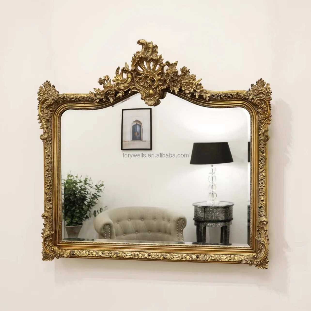 French Antique Resin Flower Mirror with Wooden Frame Arch Gold Wall Mirrors(old)