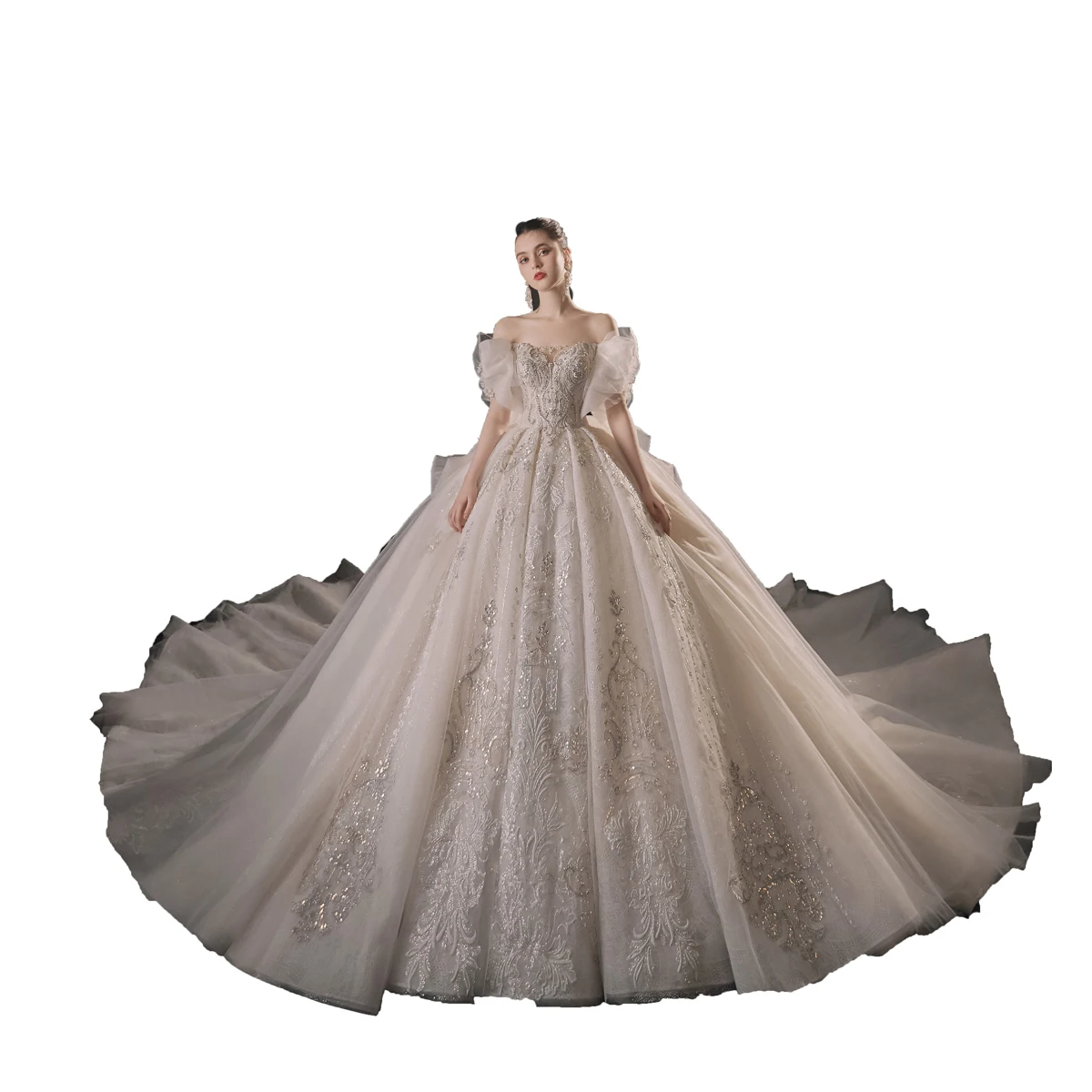 White luxury weeding dress collection 2022 sparkly tulle bow sleeves robe de mariage arab reception dress for bride