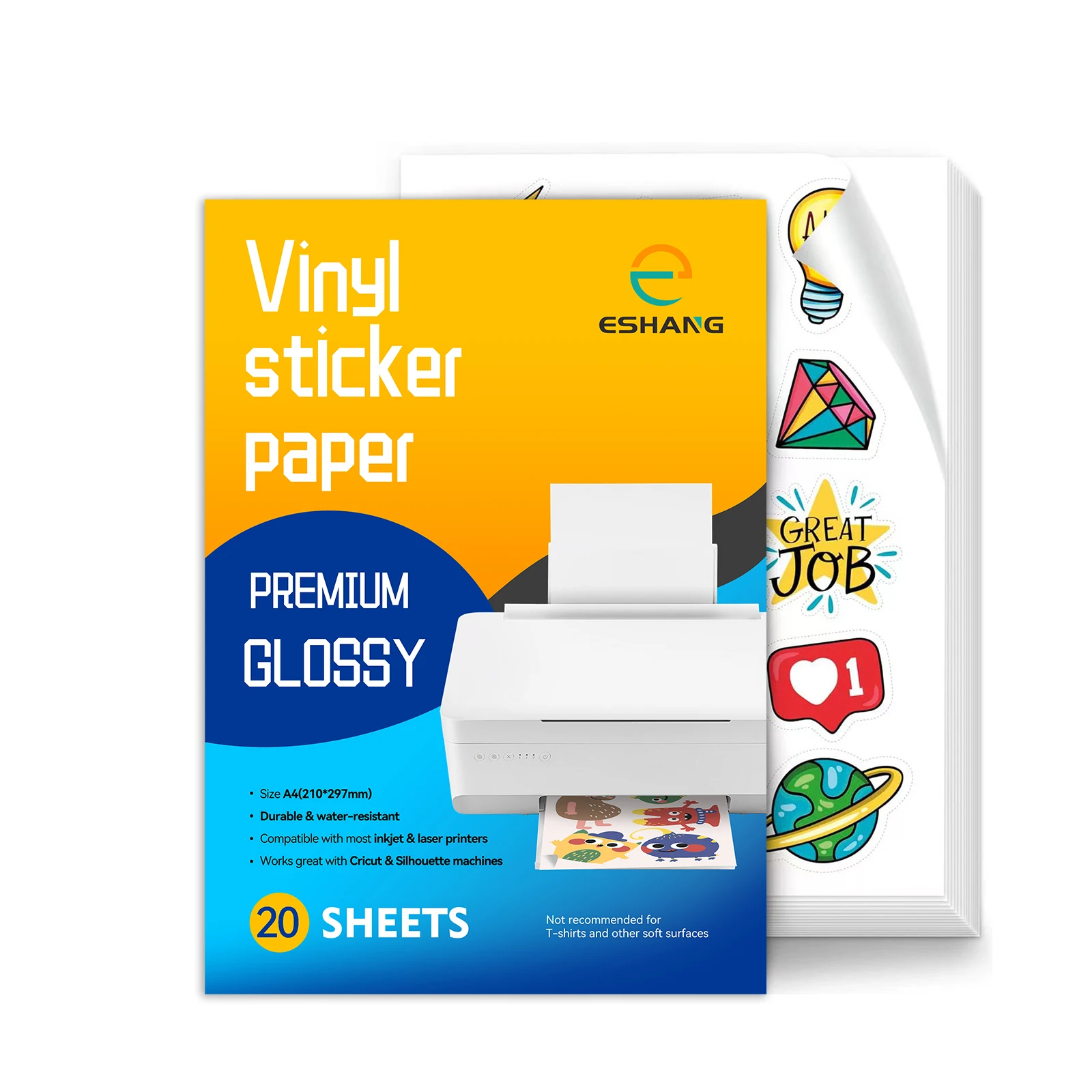 20 Sheet A4 Glossy White Printable Vinyl Sticker Paper for Inkjet Printer Waterproof Self-Adhesive Dries Quickly