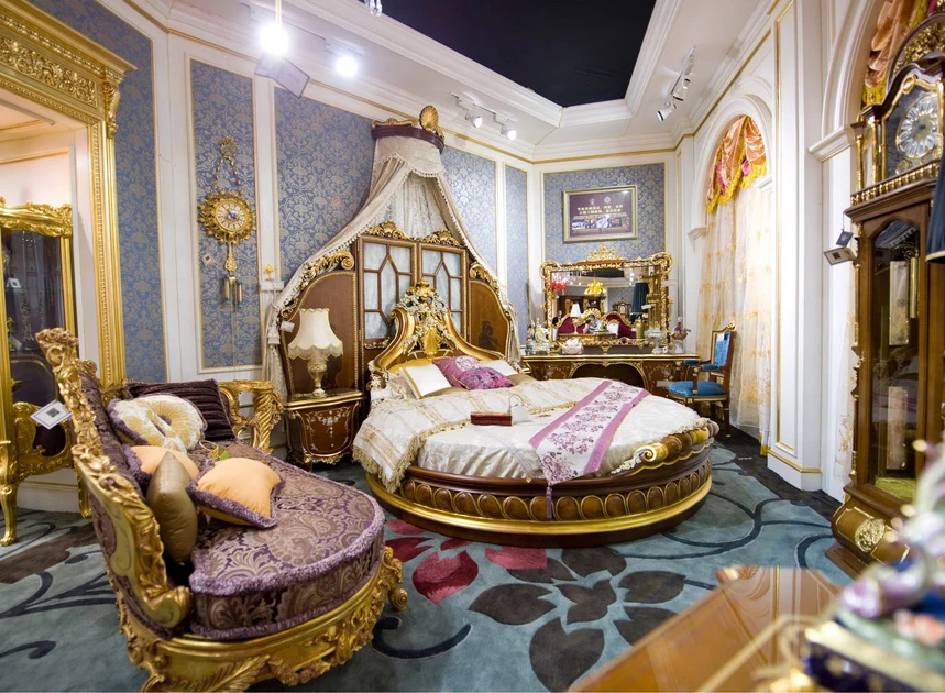  Итальянская мебель для спальни Rococo роскошная круглая классическая золотая кровать с резьбой по дереву набор необычная Свадебная