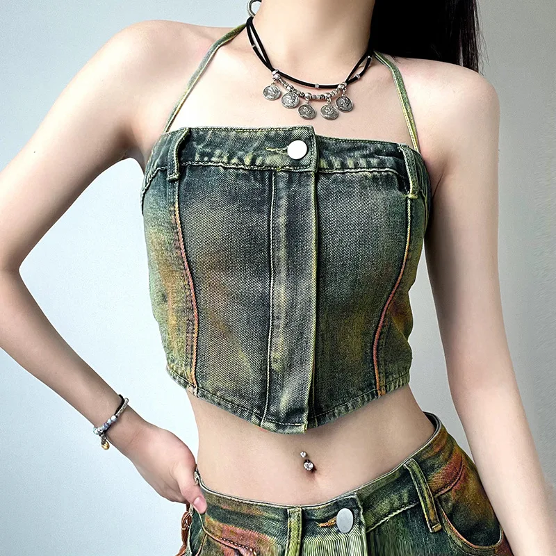 washed distressed Neck Hanging Strap Vest with Zipper denim Tops for Women chest wrap vest Top