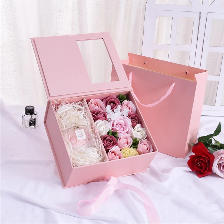 Luxury Rose Flower Heart Gift Packaging Hard Paper Box With Window Printing Custom I Love You Flower Boxes With Drawers