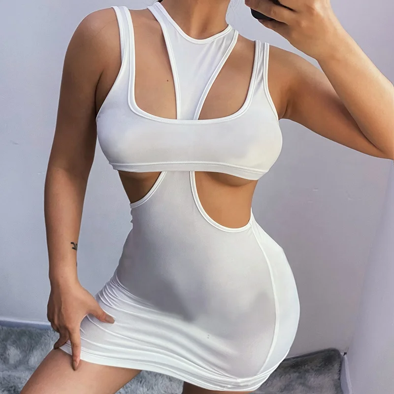 Ladies Dress 2021 Regular Hollow-out Solid  Outfits Stylish Sexy Dress Women Club Party Bodycon Sleeveless Ladies Mini Dress