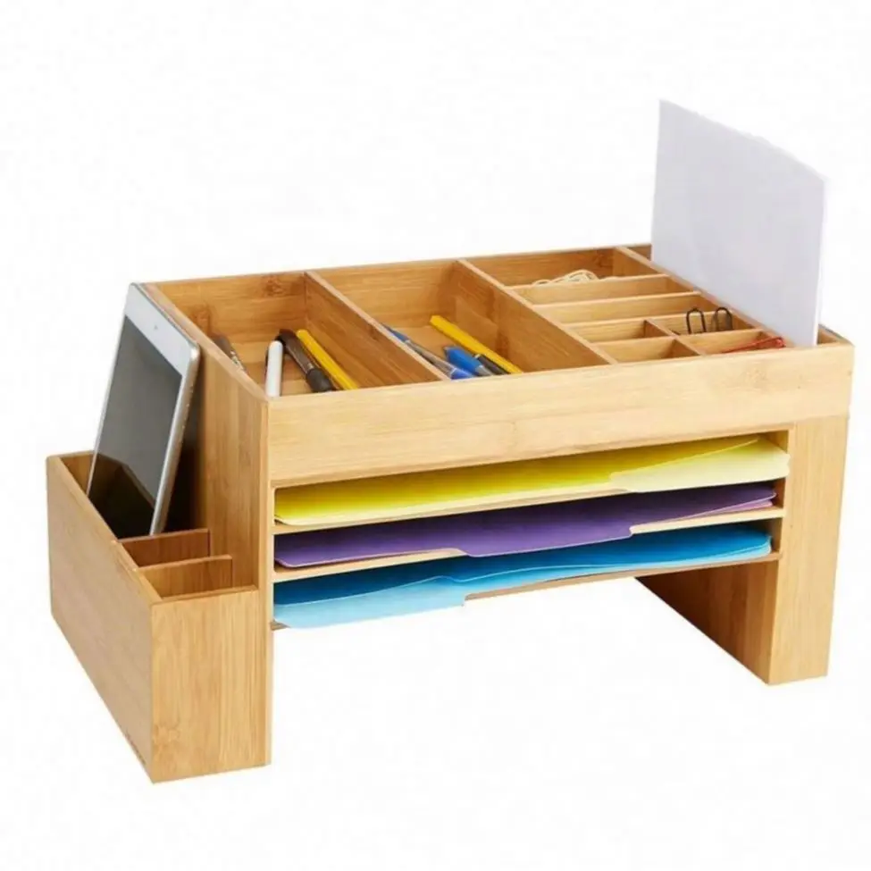 Bamboo Wooden Table Reader Desk File Organizer 16 Compartments Storage Box