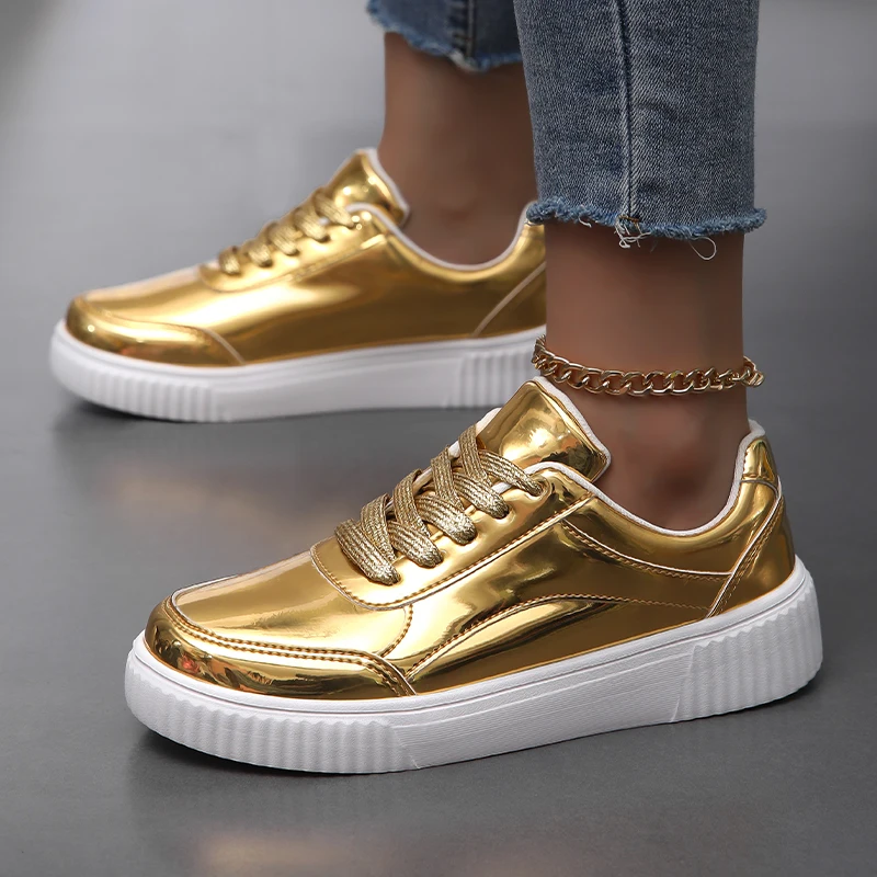 Rose Gold Flat Retro Women Skateboard Manufacturer Basketball Casual Leather Sneakers Low Top Custom Gold Shoes For Women