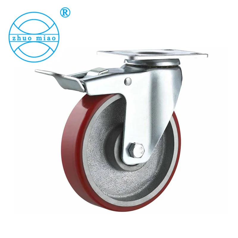 4 inch medium big red polyurethane PU wheel with brake, universal shopping wheel cart caster