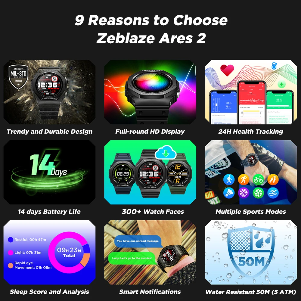 New Zeblaze Ares 2 Rugged Fashion Smartwatch 50M Waterproof Long Battery Life HD Color Display Smart Watch For Android iOS Phone