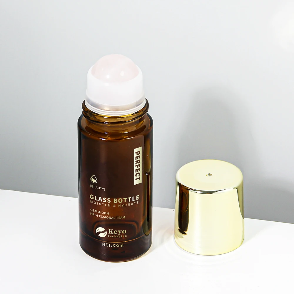 Custom Cylindrical 30ml 50ml 100ml Amber Glass Perfume Deodorant Containers Gemstone Roller Steel Plastic Roll On Bottles