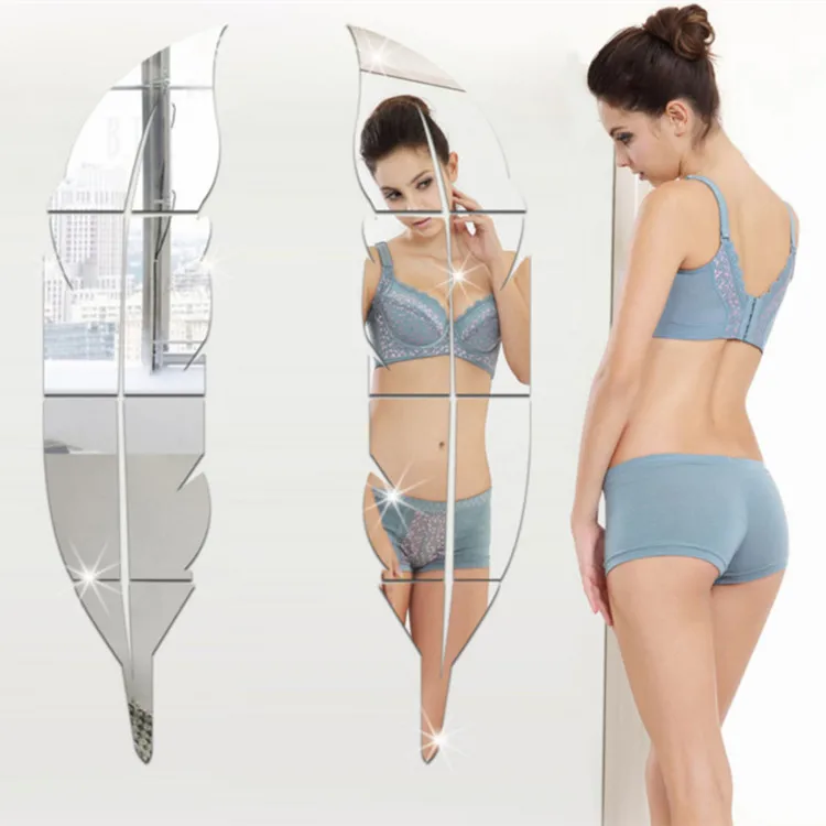 HOT 3D Feather Mirror Wall Sticker Room Decal Mural Art DIY Home Decor Decorative Mirrors