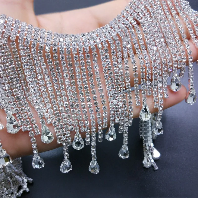 JFRT028 OEM Customized Welding Claw Crafts Crystal Rhinestone Fringe Trim Silver Long Tassel Garment Accessories