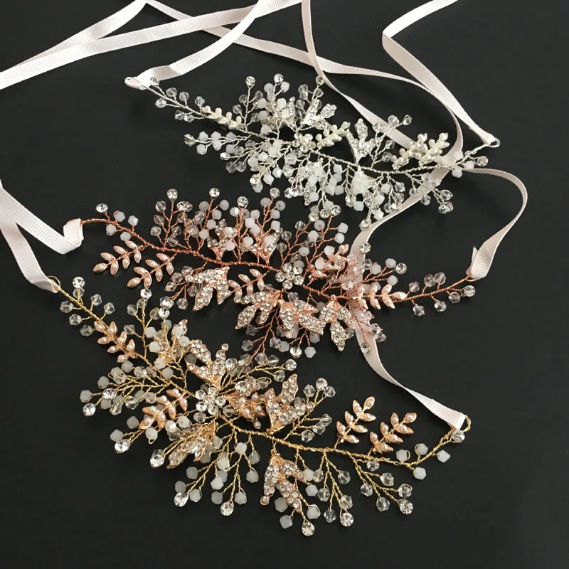SLBRIDAL Wire Rose Gold Crystal Rhinestone Pearls Wedding Hair accessories Hairband Bridal Headband Bridesmaids Jewelry Women