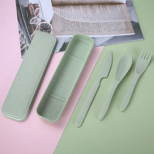3pcs/set Travel Cutlery Portable Wheat Straw Knife Fork Spoon Student Reusable Camping Biodegradable Cutlery