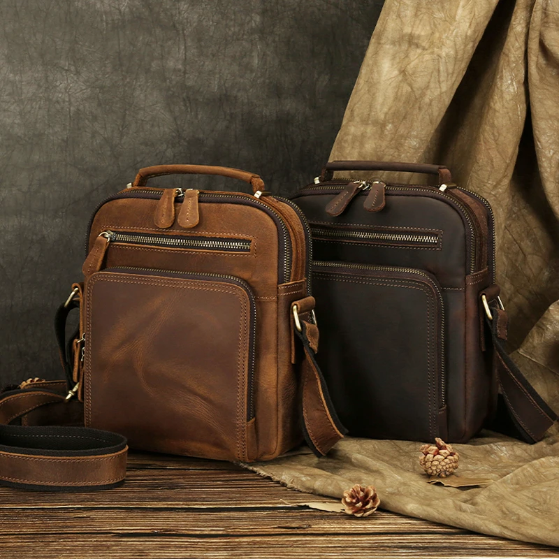 Wholesale Vintage Cowhide Crazy Horse Leather Crossbody Shoulder Bag Genuine Sling for Men