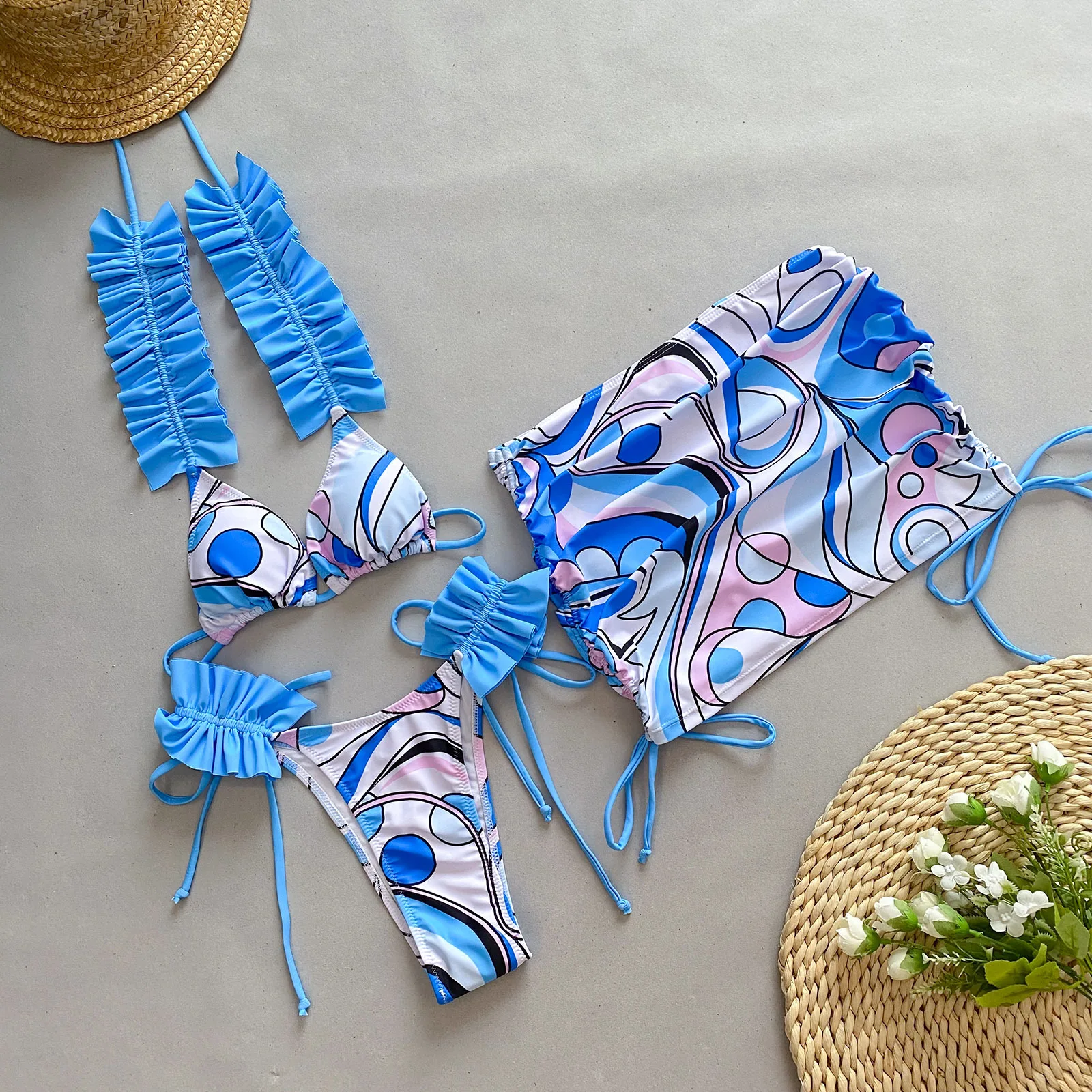 With Skirt Waved Ruffled Frilled Bikini Female Swimsuit Women Swimwear Three-pieces Bikini set Bather Bathing Suit Swim