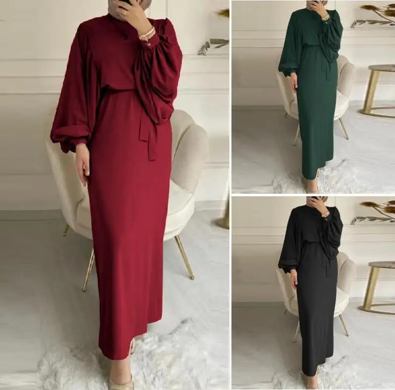 Fashion Solid Color Muslim Dress Dubai Turkey Casual Long Sleeves Dresses Women Islamic Robe Abaya Dress