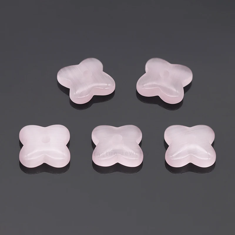 Hot Sale Synthetic Pink Stone Four Leaf Clover Loose Gemstone  with Hole for Jewelry Making