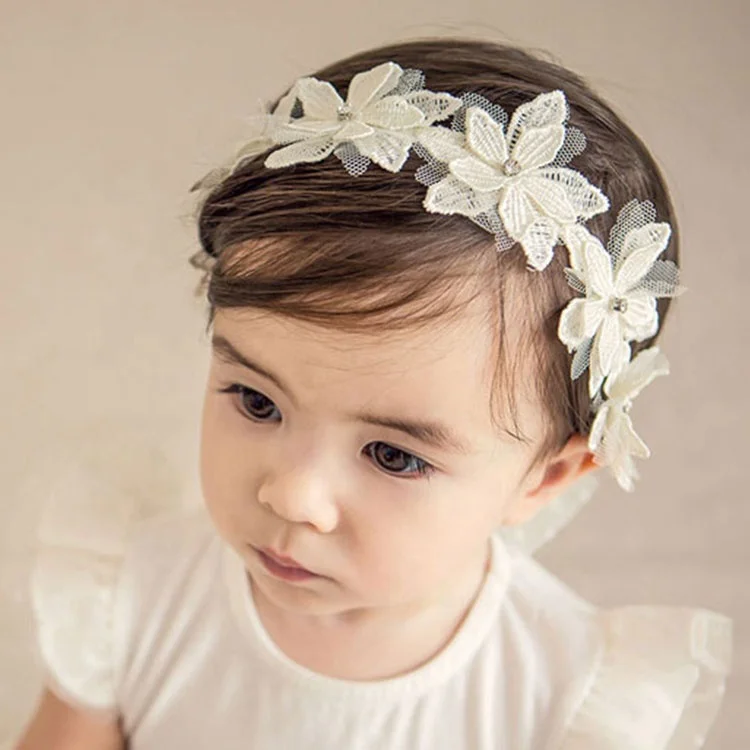 Stock RTS elastic princess white flower lace girls  headband baby hair accessory headband