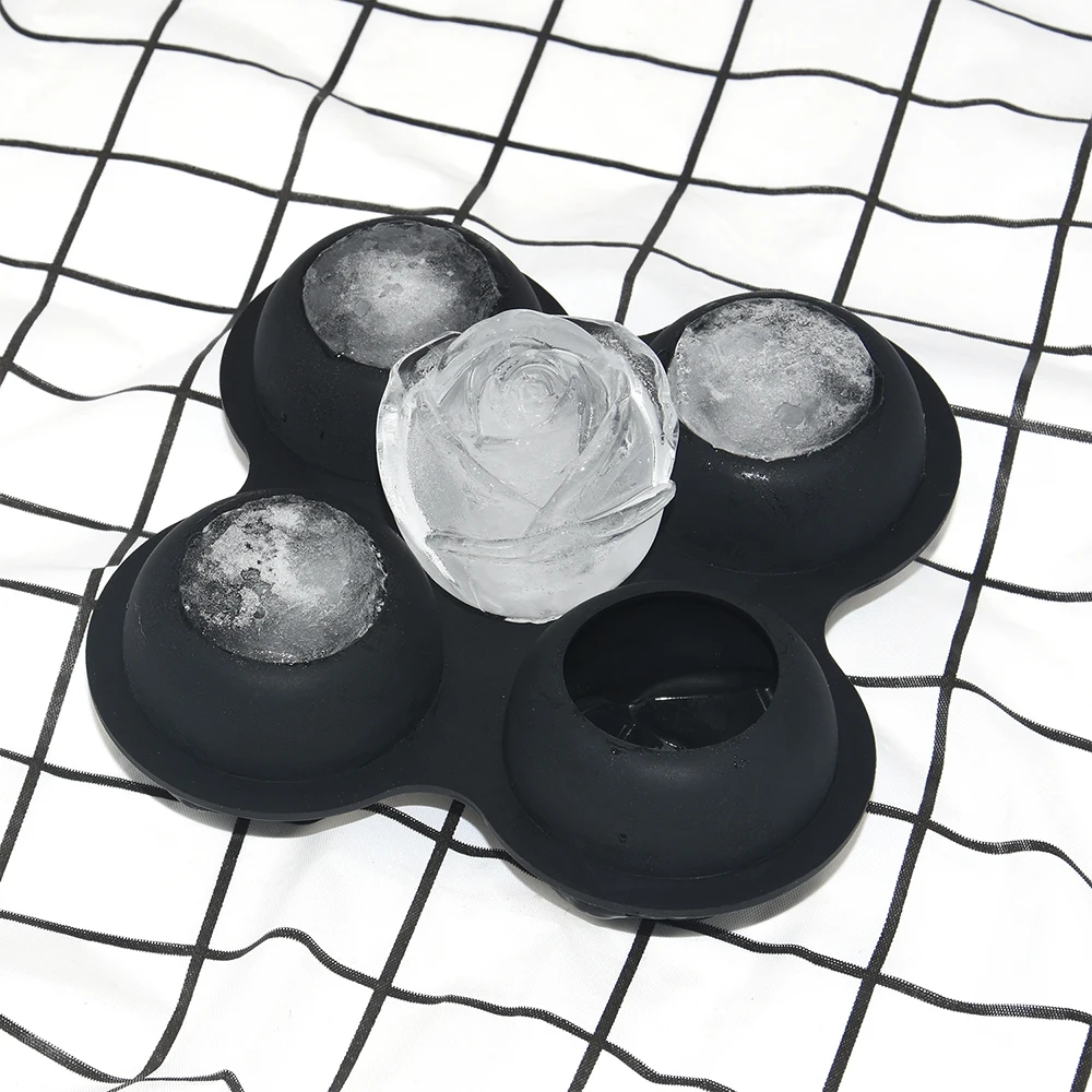 Wholesale Flexible Round Whiskey Ice Cube Tray BPA Free 4 Cavity Rose Shaped Silicone Ice Mold Maker for Homemade DIY
