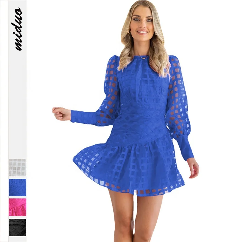 New Design Elegant Plaid Pattern Back Zipper Button Flouncing Sexy See Through Sleeve Business Casual For Blue Women Party Dress