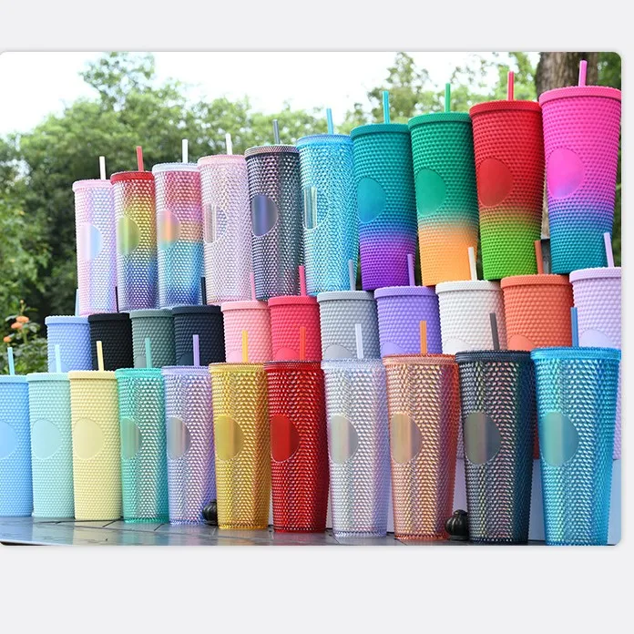 2022 Summer Amazon Hot DIY 16oz 24oz Cold Coffee Mug Double Wall Plastic Iridescent Matte diamond Cups Tumbler with Straw Lid