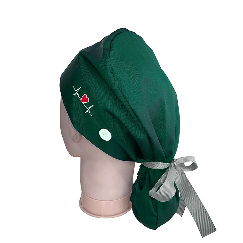 Best Quality Solid Color Satin Embroidered Hat For Long Short Hair Vets Nurse Doctor Surgical Scrub Caps With Bow Tie