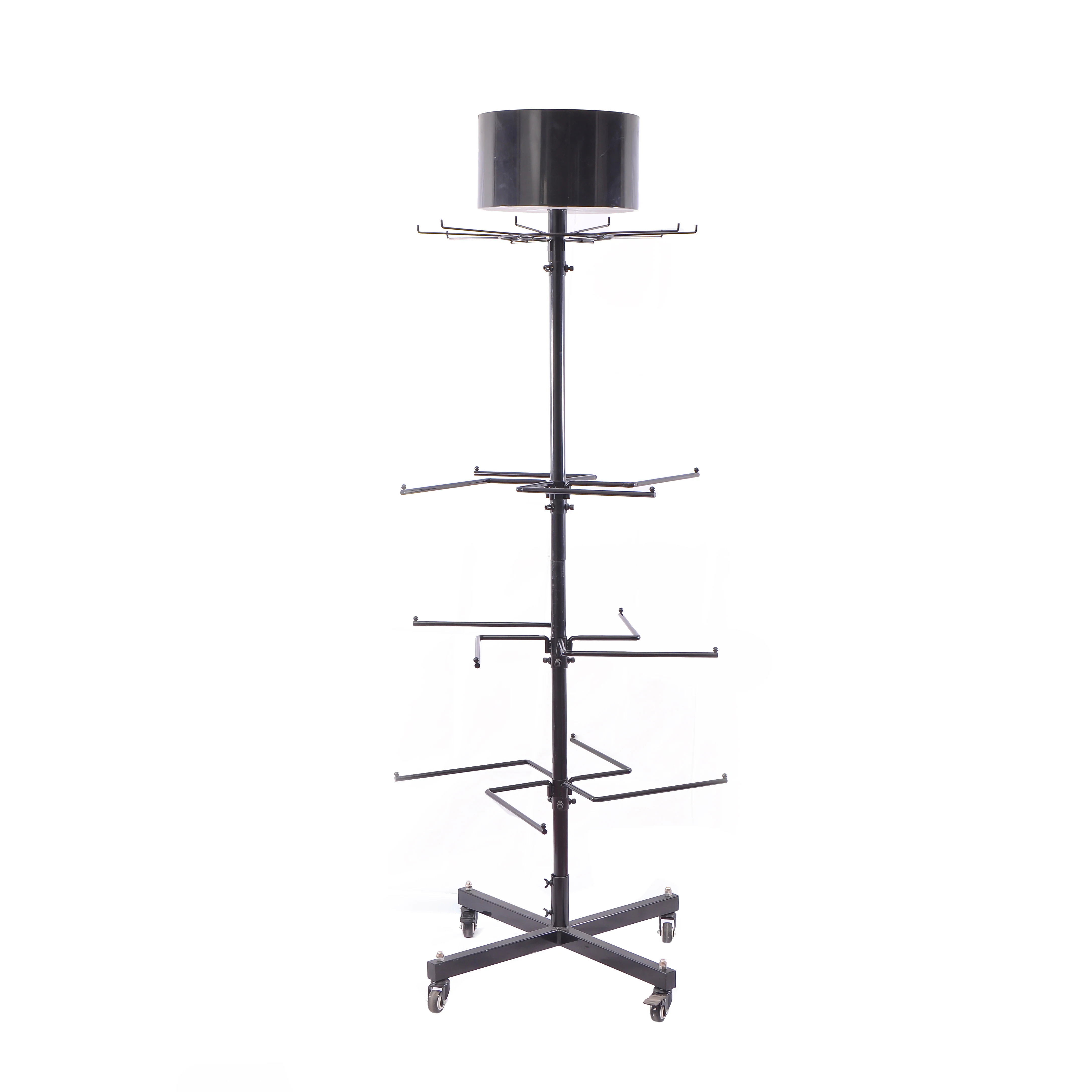 Supermarket Kitchen Metal Wire Wheeled Multi Tiers Peg Hook Rack Hanging Spinning Cookware Pan Holder Display Stand