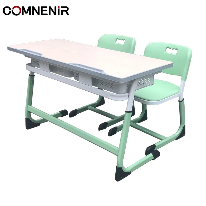 Comnenir adjustable Classroom Furniture School Desk And Chair 2 Student University Double School Desk Steel Wooden School Desk