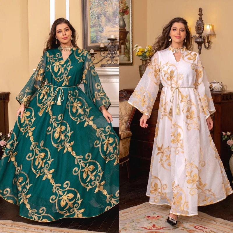 Арабское скромное вечернее платье для выпускного вечера с высоким воротом и длинным рукавом вышивкой женское мусульманское белое Дубая