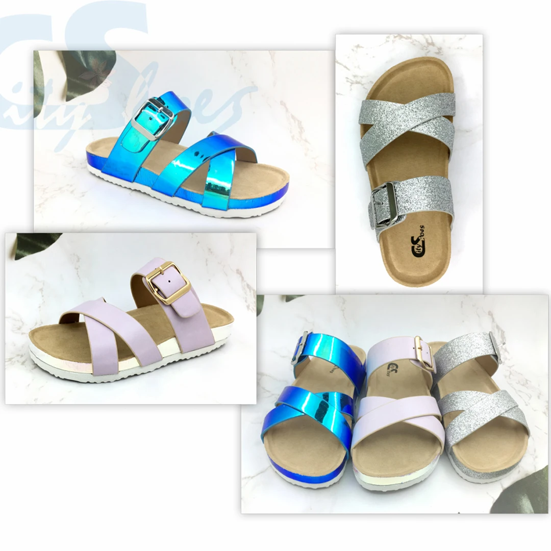 New style shiny glitter iridescent sweet girls slippers stylish birken flat children sandals