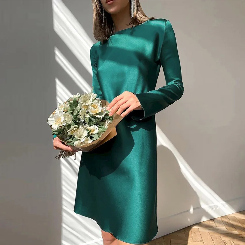 Early spring new elegant flare sleeve design satin elegant dress high waist A Line skirt fashion Christmas skirt