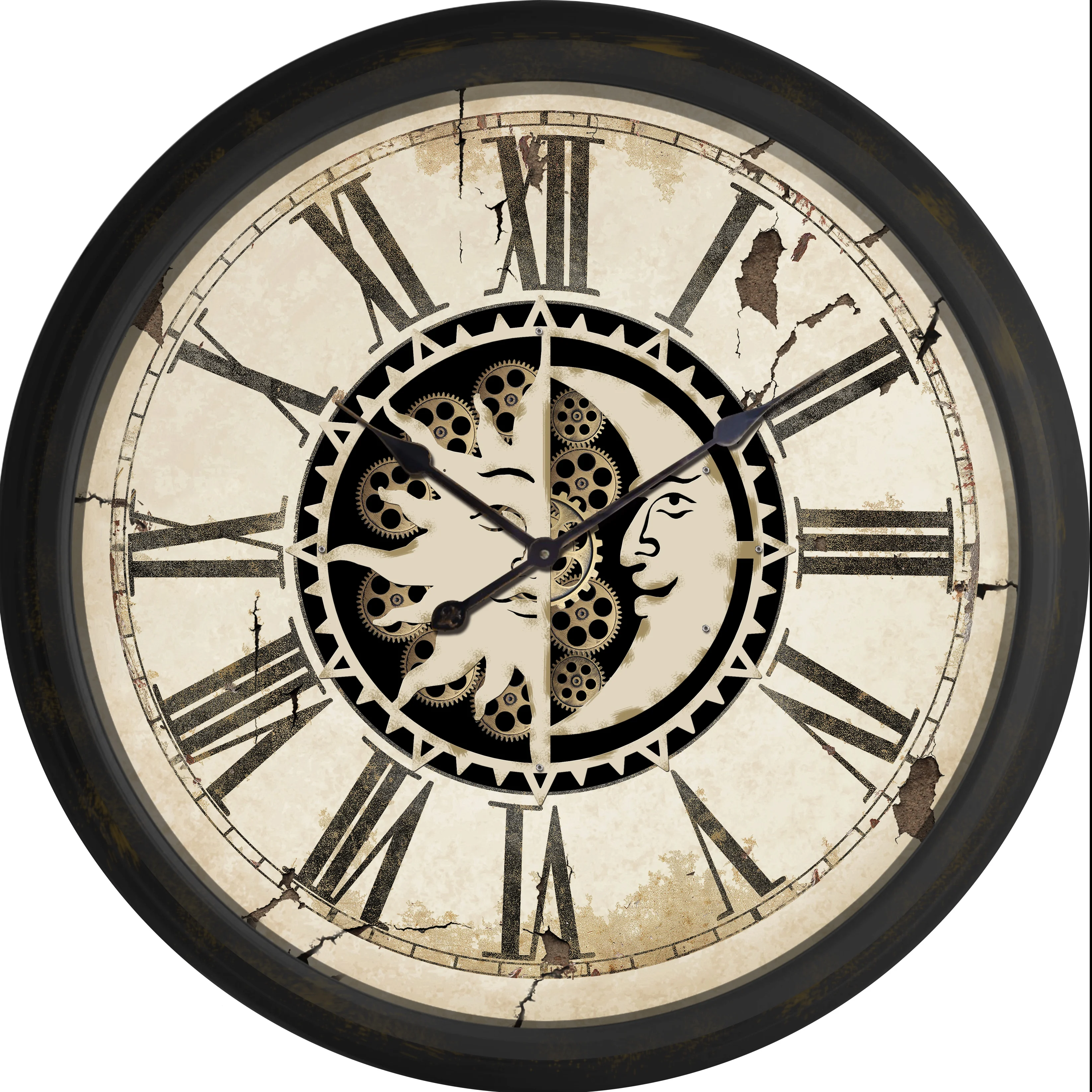 
New Arrival Large Decorative Vintage Industrial Metal Wall Clock with Roman Numerals Battery Operated With Moving Gears 