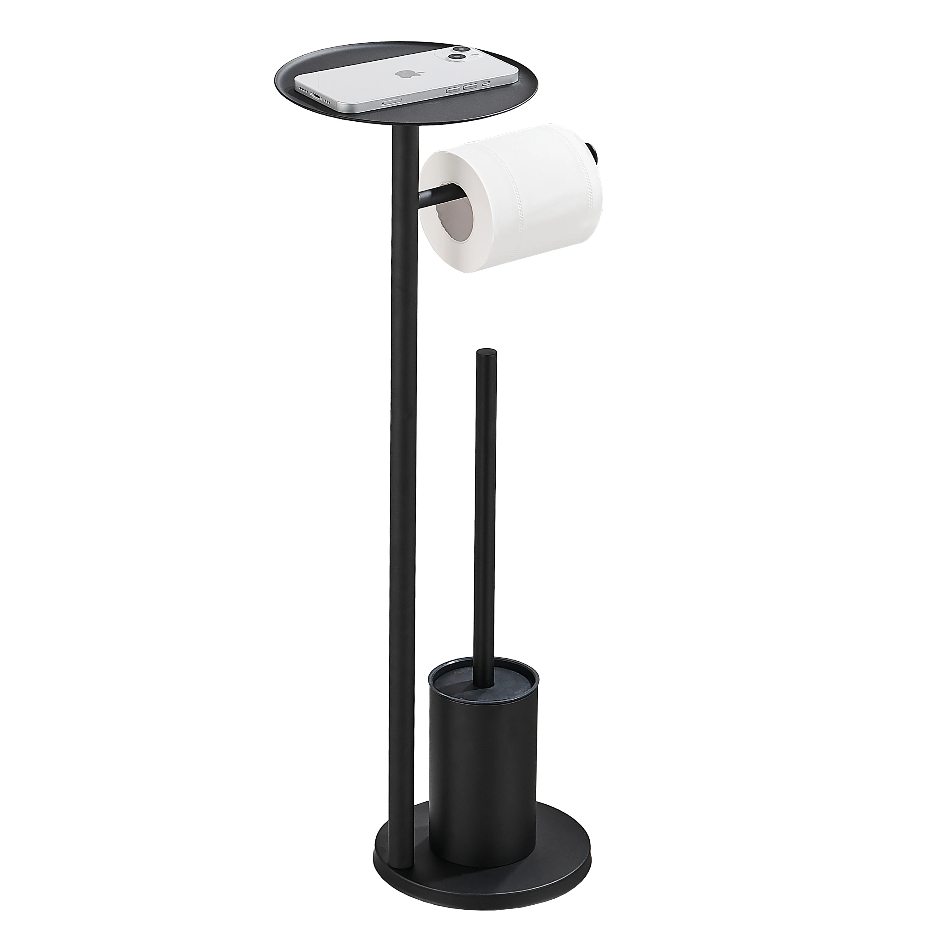 stainless steel Free standing Matt black Toilet paper holder with toilet brush and shelf