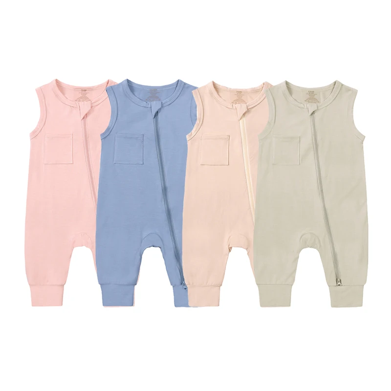 Solid Color Summer Baby Rompers Infant Two-way Zipper Sleeveless Bodysuit Bamboo Pajamas
