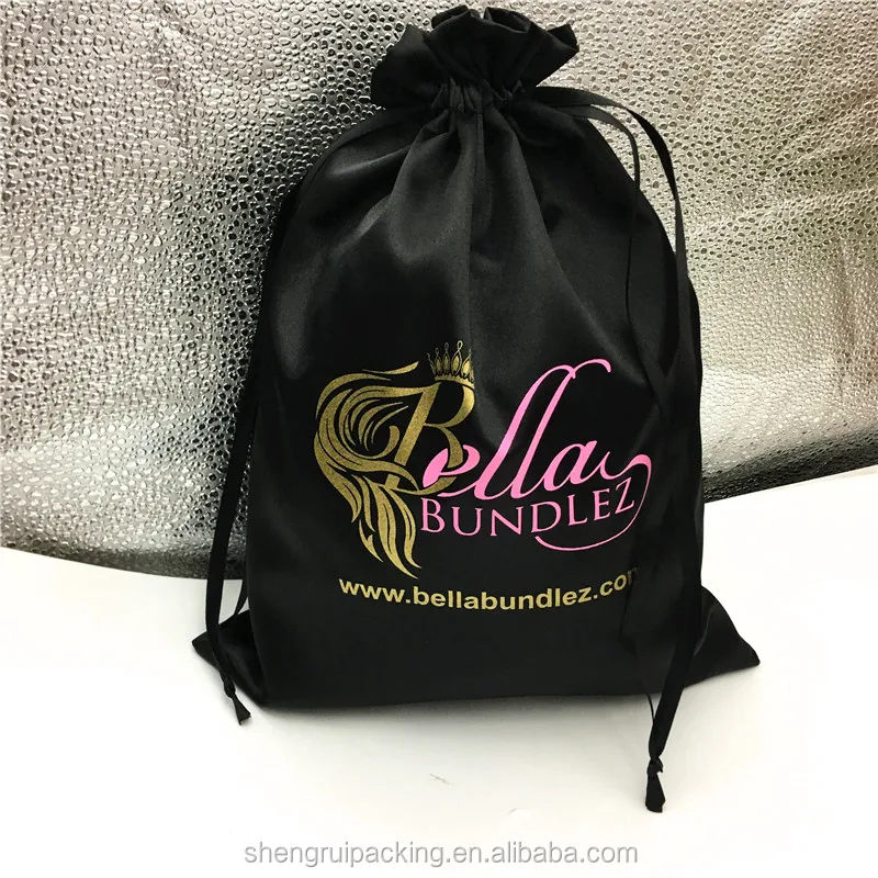 Custom black silk satin hair weave bags with gold logo