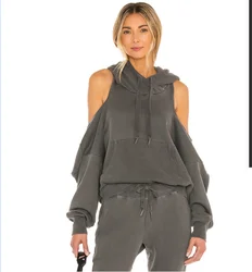 Custom women casual  fashion street high quality wear sexy cut out off shoulder Ribbed long sleeves cuffs hoodie