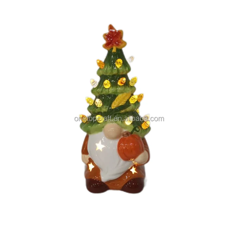 7-Inch Harvest Festival Night Light Thanksgiving Ceramic Pumpkin Corn Gnome Tree Tabletop Ornaments for Room Decor