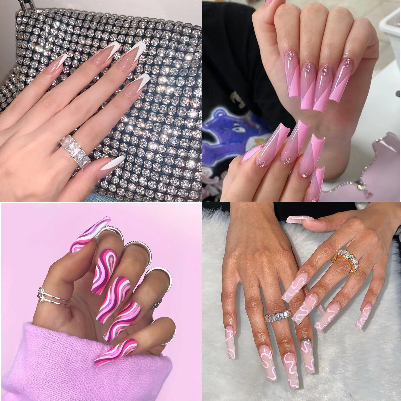 24 Pcs/Box Coffin Nail Tips With Jelly Glue Wave lines Blue and White Artificial Nail Tips False