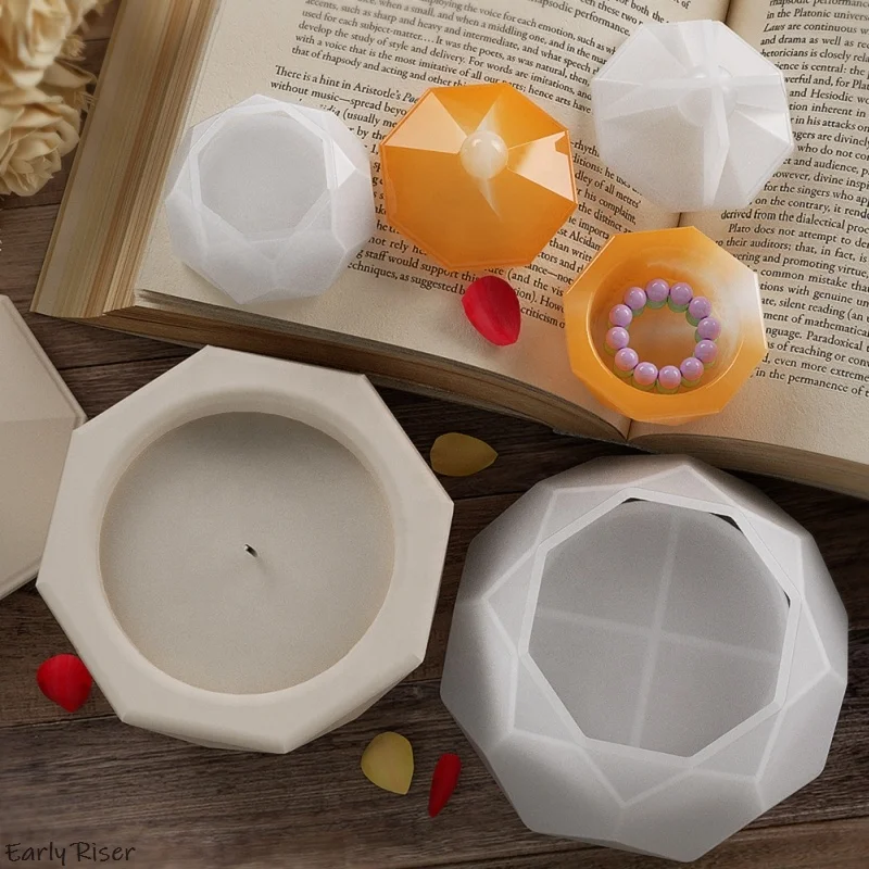 Early Riser DIY Resin Cement Gypsum Storage Jar with Octagonal Triangular Faceted Diamond Candle Cup Silicone Mold