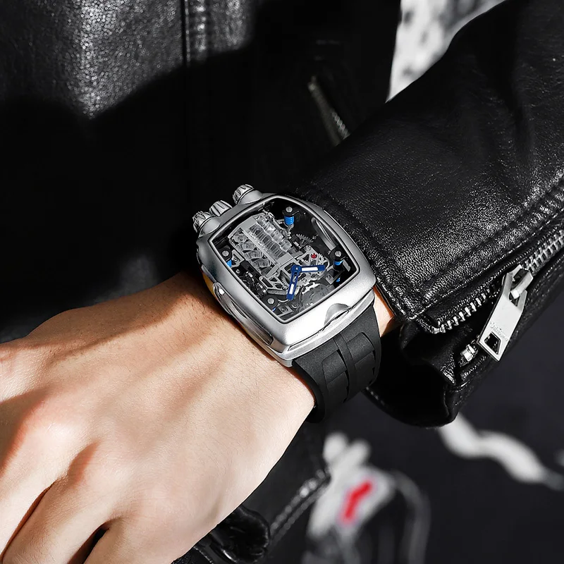 Men Luxury Fashion Tourbillon brand watch Engine Design Stainless steel Silicone Strap Automatic Mechanical Watch
