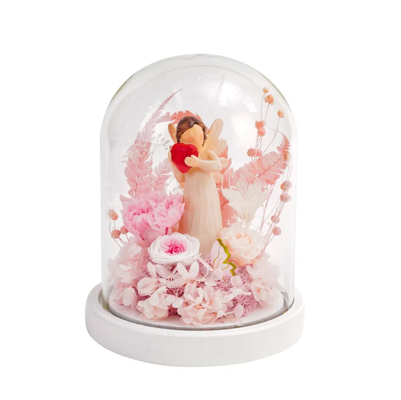 Long Lasting Roses Angel Love In Glass Dome Cute fairy and immortal natural rose preserved flower with LED light