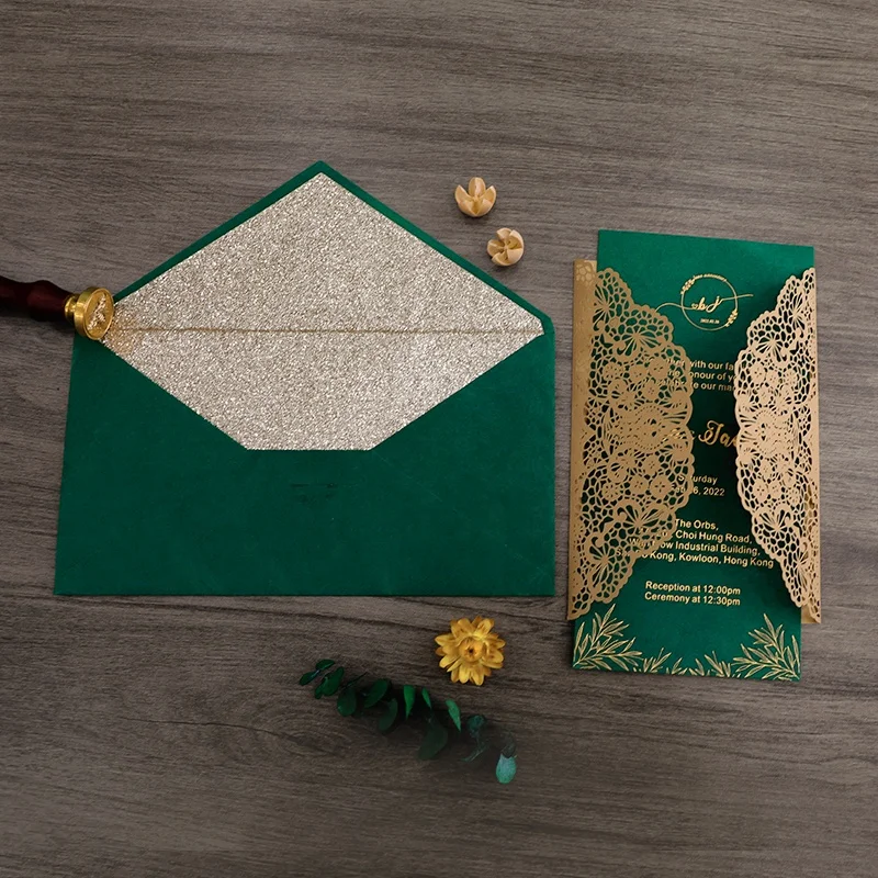 Luxury  Laser Cut Trifold Green Special Paper Business Party Birthday Wedding RSVP Invitation Card with Envelope and Bowknot