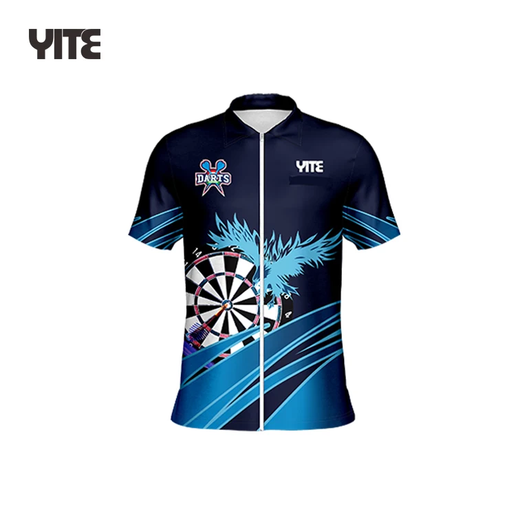 Hot selling polo darts shirts 100% polyester quick drying full zipper dart jersey with pocket