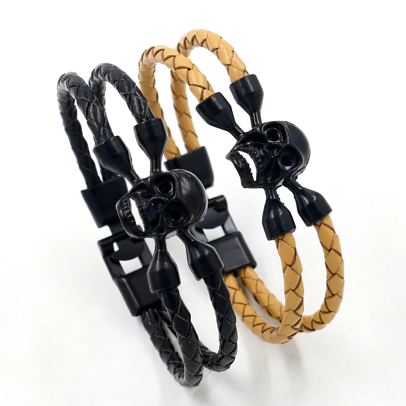 Neo-Gothic Jewelry Ghost Head Alloy Skull Leather Braided Bracelet for Men