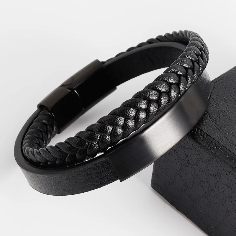 Fine jewelry simple personalize bracelet stainless leather black bracelet metal custom wholesale