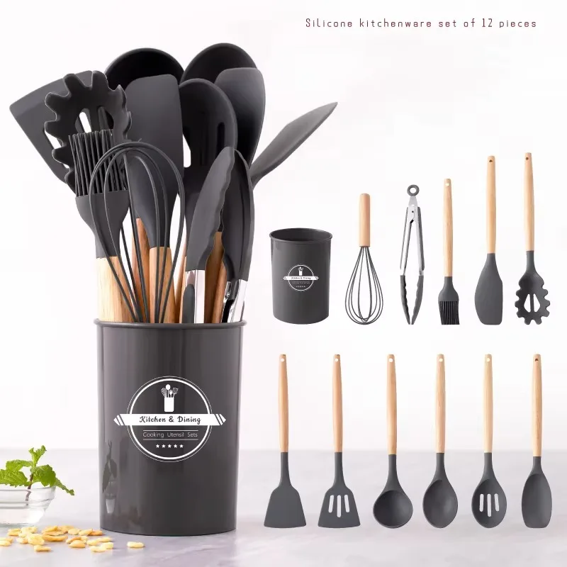 12 multifunctional silicone kitchenware set with Wooden Handle Non-stick Spoon Tongs Utensilios De Cocina Kitchen Utensils Tool