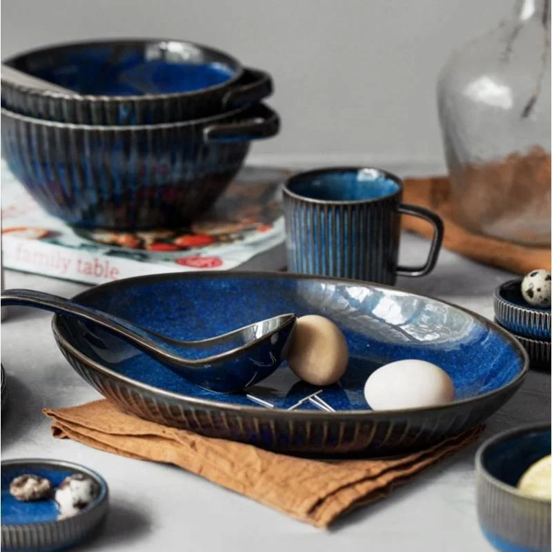 Ceramic Dinner Set, Japanese Retro Blue Plates Bowls Dishes, Kiln Changed Dinnerware Set
