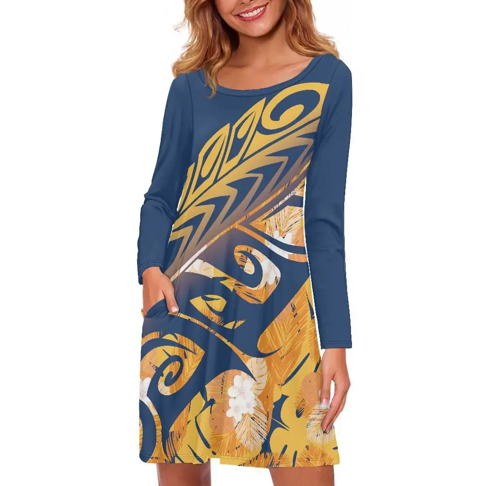 Hawaiian Flower Tribal Tattoo Design Style Women Dresses Casual Summer Long Sleeve O-Neck T-Shirt Loose Dress with Pockets