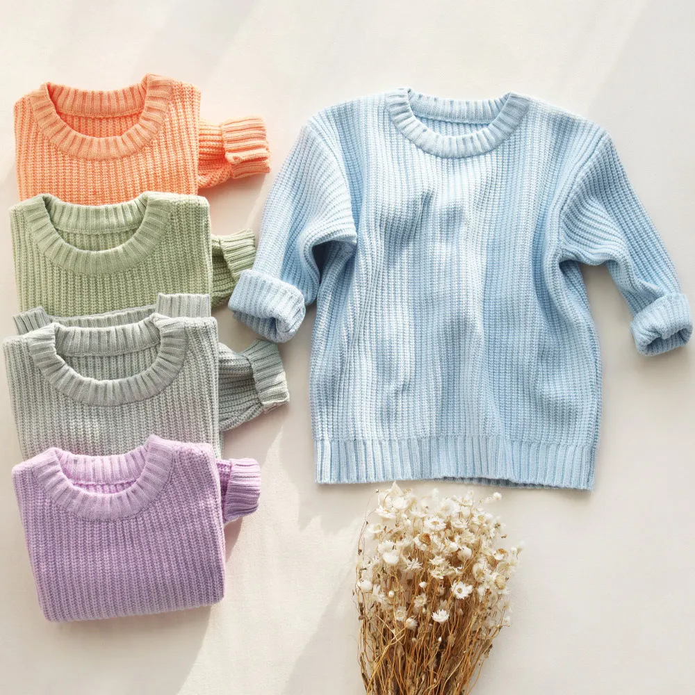 Solid Clothing Pullover Sweatshirts Loose Long Sleeve knitted sweater kids Organic Cotton Kids Knit Sweater