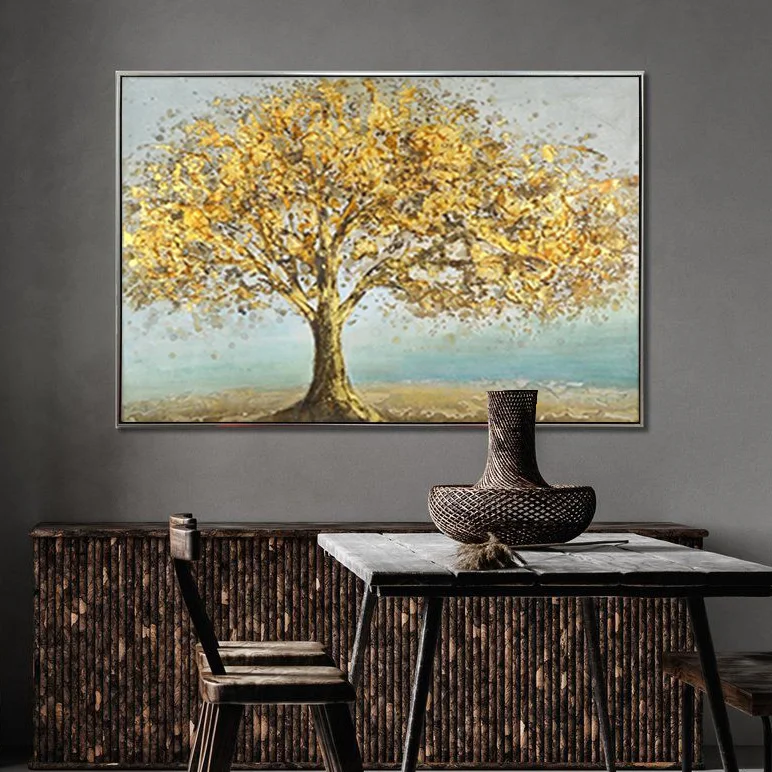 Hand painted abstract oil painting gold tree hanging painting modern gold leaf decorative painting